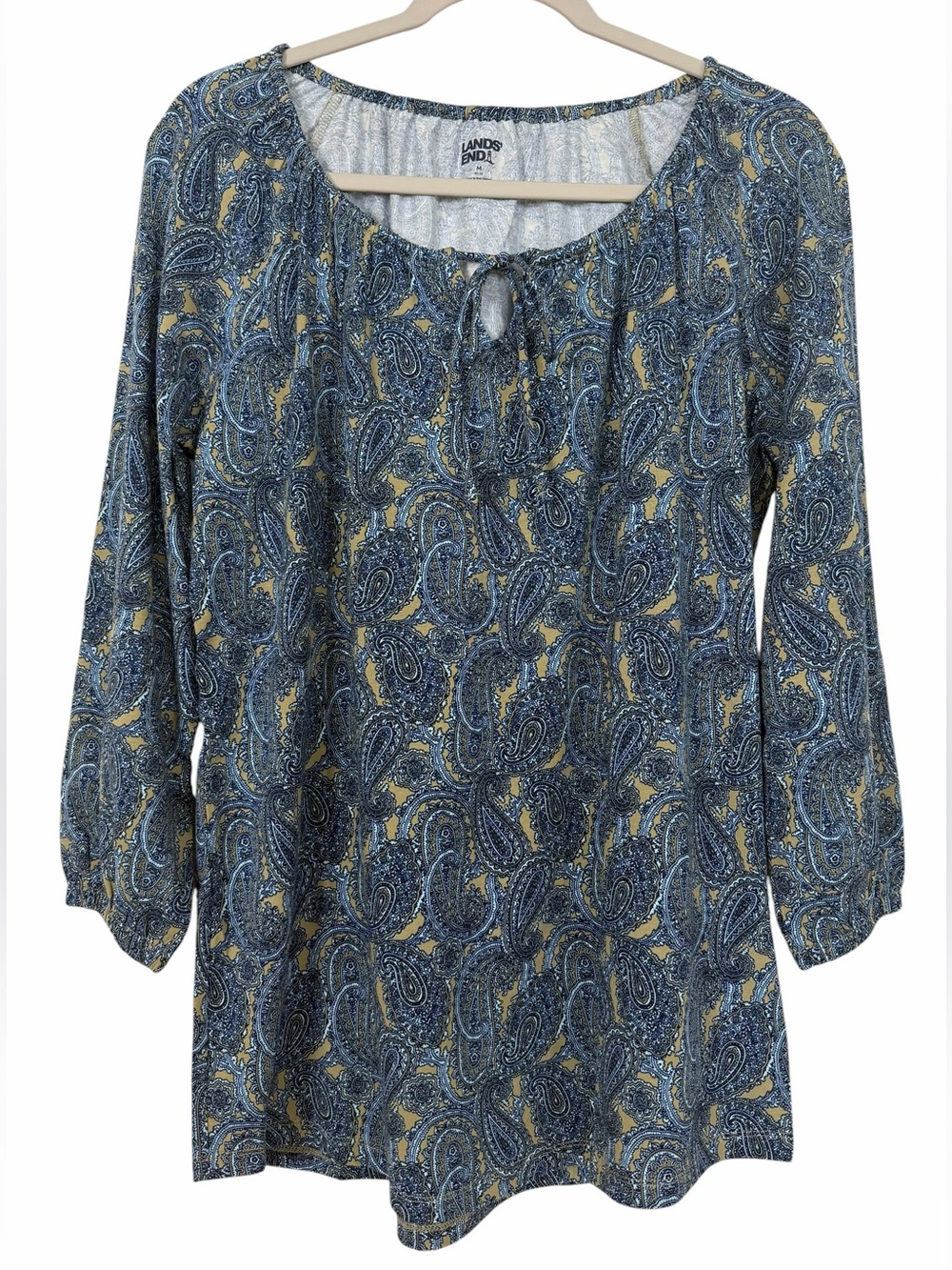 Lands End 3/4 Sleeve Peasant Tunic Top Blue Paisley Boho Size Medium